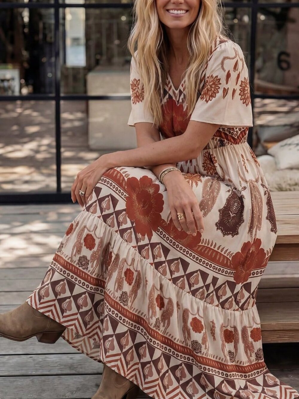 Multicolor Boho Women's Regular Fit Ruched V Neck Long Flounce Hem A-Line Dress